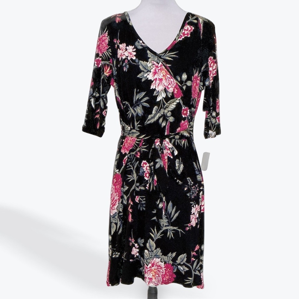 French Laundry Womens Floral Parrot Print Faux Wrap Dress Black Pink Size M‎ NEW